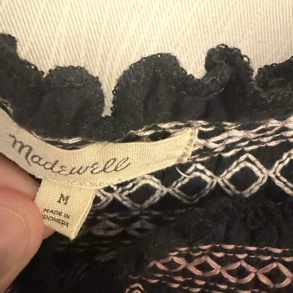 Madewell Embroidered Puff Sleeve Top Womens Medium Black‎ Pink Square Neck